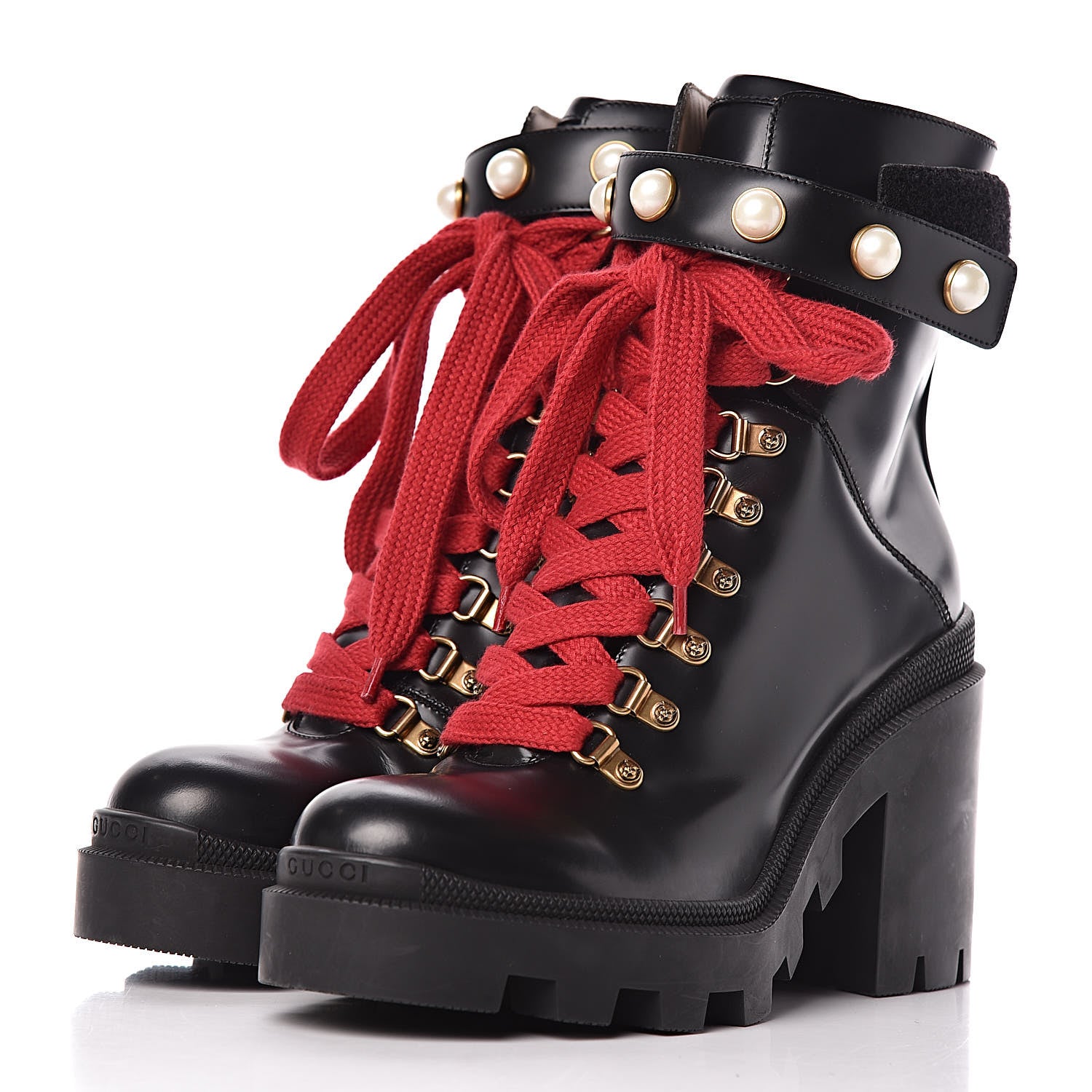 Gucci Magnum Calfskin Pearl Lace Up Combat Ankle Boots 38.5 Black 3 of 12