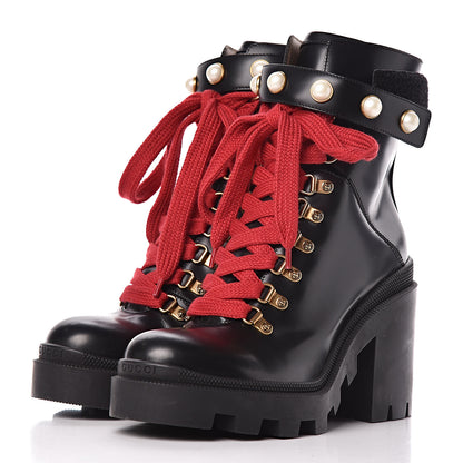 Gucci Magnum Calfskin Pearl Lace Up Combat Ankle Boots 38.5 Black 3 of 12