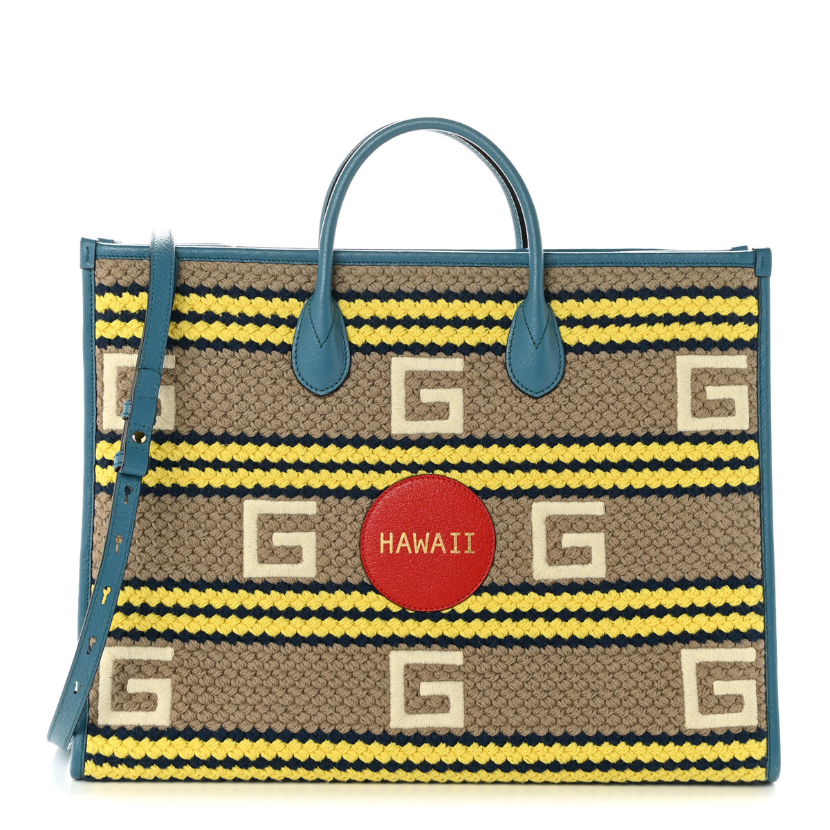 Fabric Embroidered Hawaii Striped Tote Bag Blue