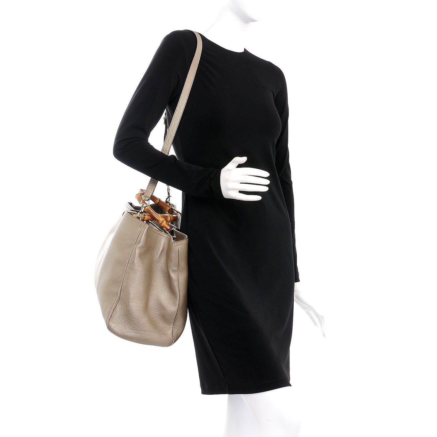 Metallic Pebbled Calfskin Large Bamboo Shopper Tote Golden Beige