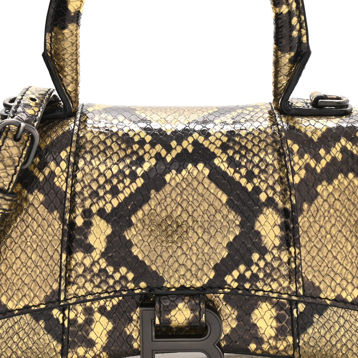 Shiny Calfskin Snakeskin Embossed Hourglass Top Handle Bag XS Gold Black