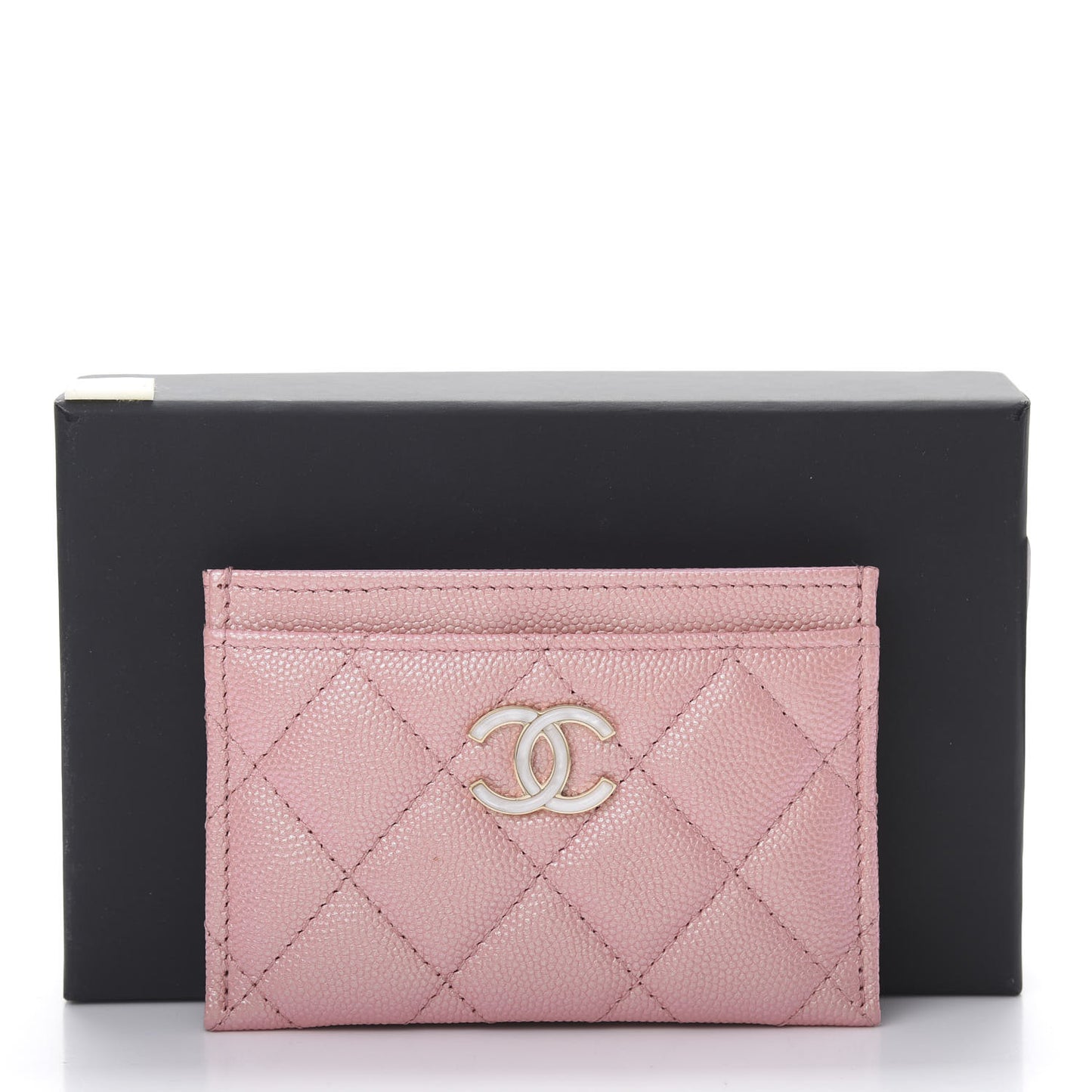 Iridescent Caviar Quilted Card Holder Rose Pink