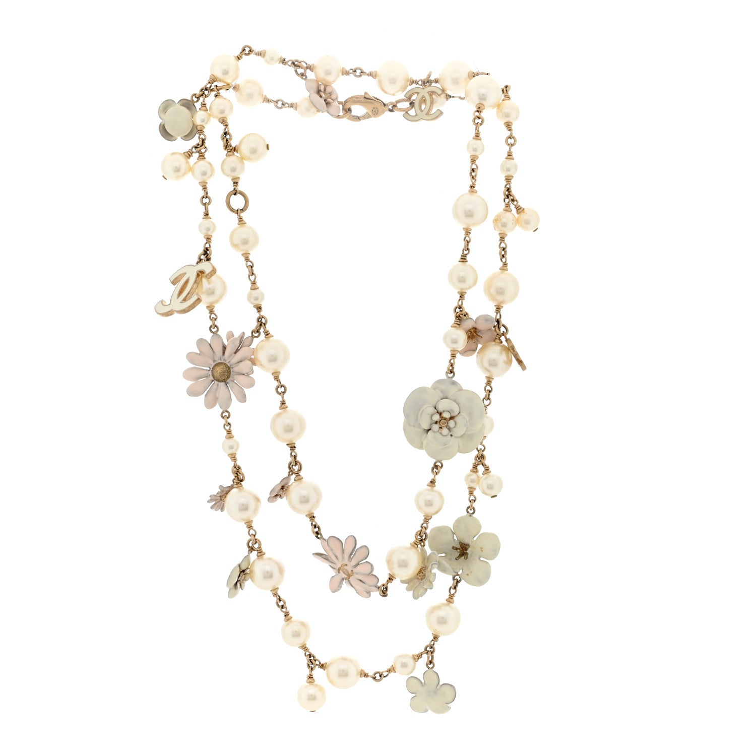 Chanel Pearl Enamel CC Camellia Necklace White Gold 3 of 4