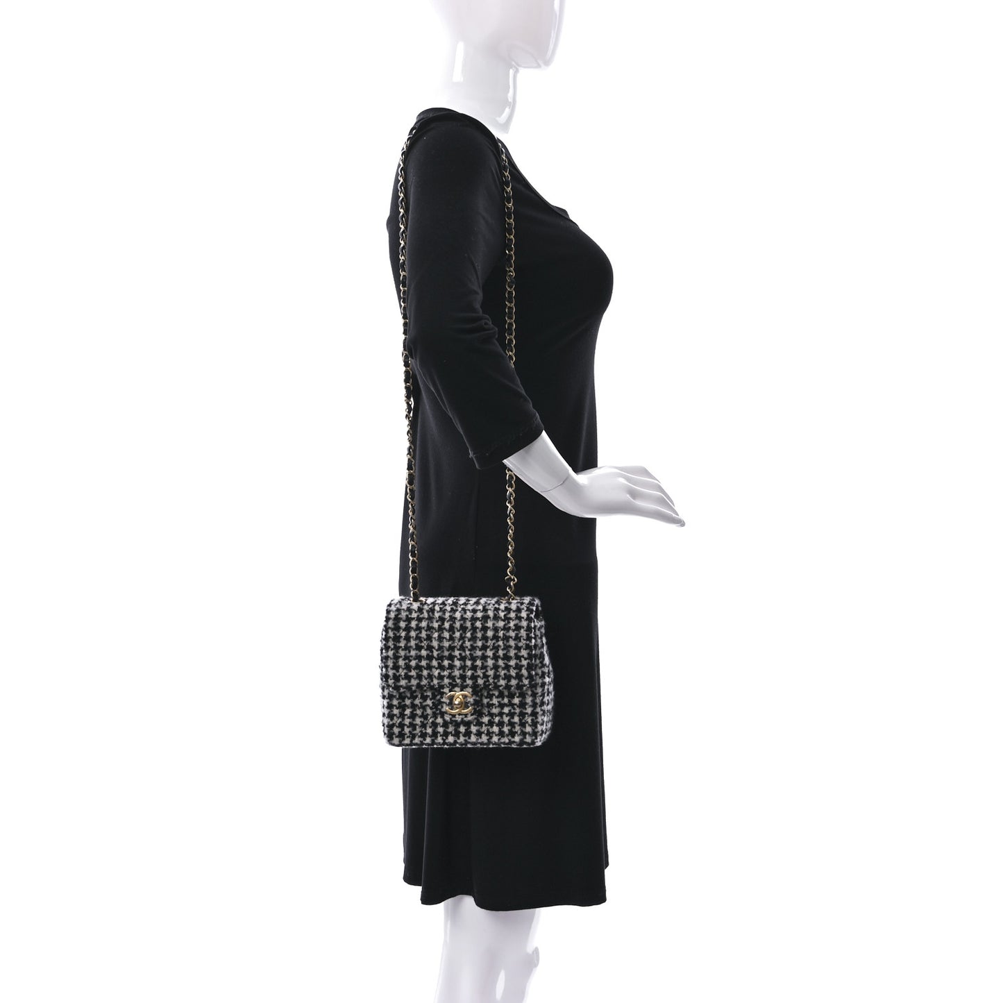 Tweed Houndstooth Mini Square Flap Black White