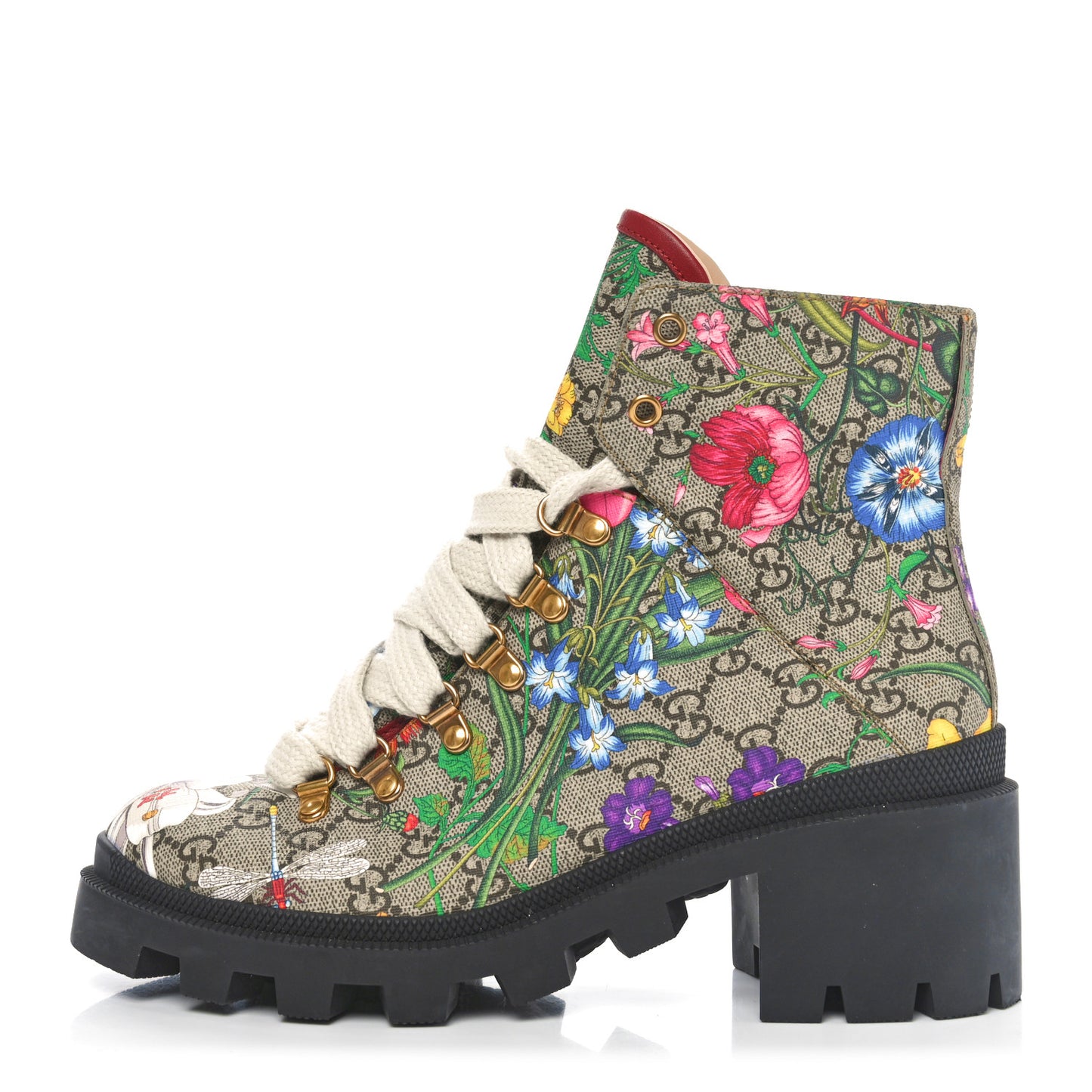 GG Supreme Monogram Flora Lace Up Combat Ankle Boots 39 Beige Multicolor Red