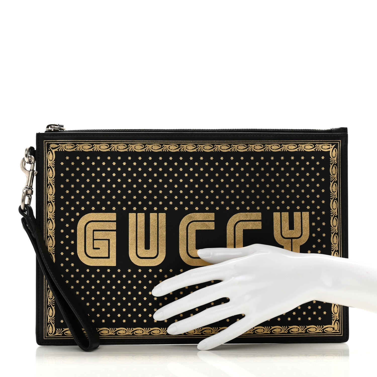 Gucci X SEGA Calfskin GUCCY Stars Zip Wristlet Pouch Black Gold 2 of 12