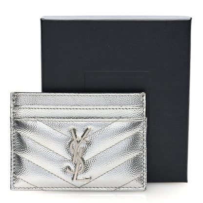 Saint Laurent Metallic Grain De Poudre Matelasse Chevron Monogram Credit Card Case Argento 7 of 7