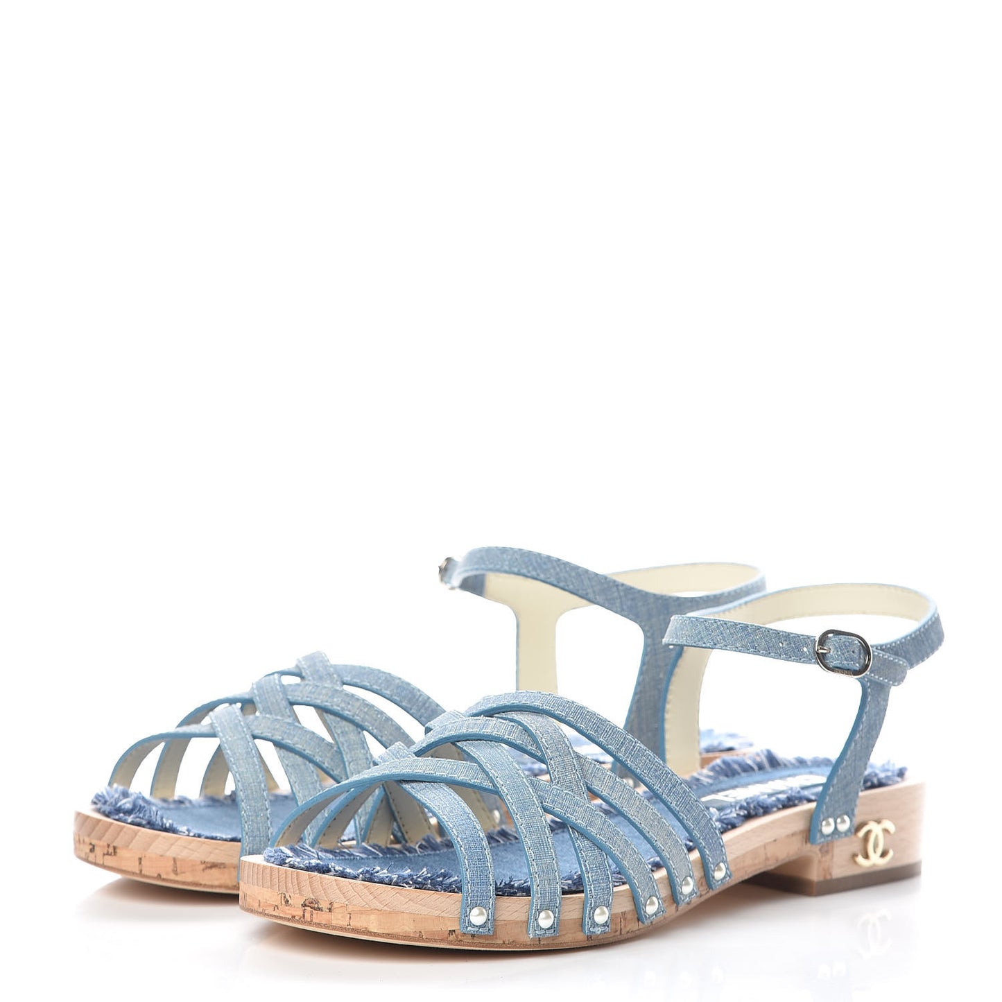 Cork Wood Calfskin Strappy Sandals 42 Blue