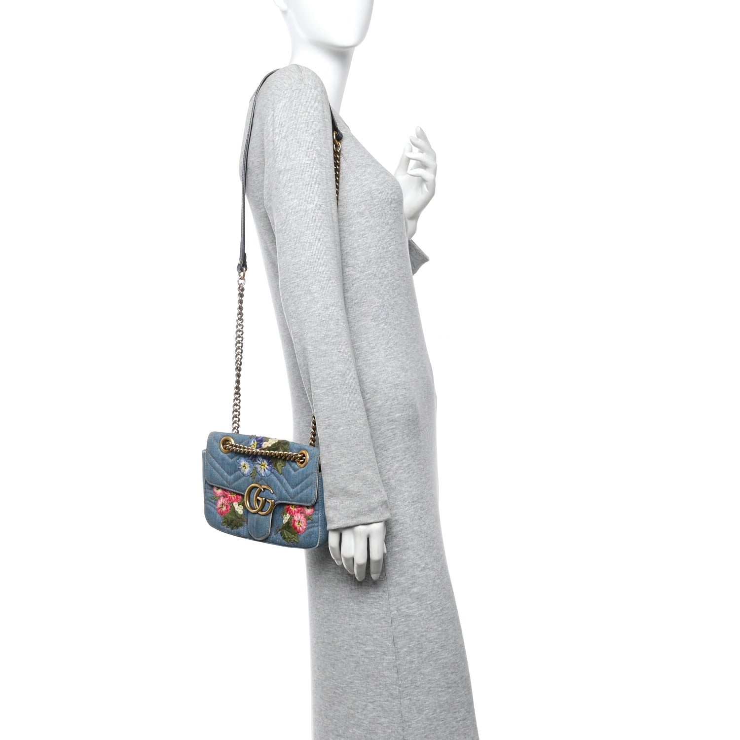 Gucci Denim Matelasse Floral Embroidered Mini GG Marmont Shoulder Bag Blue 2 of 15