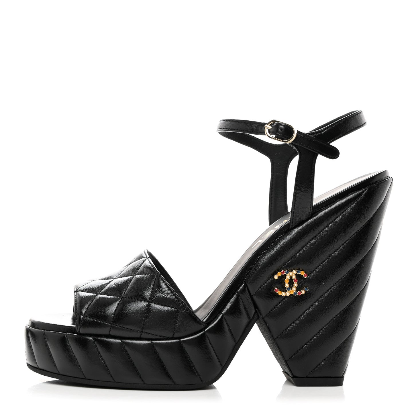Shiny Lambskin Quilted Platform Sandals 39.5 Black