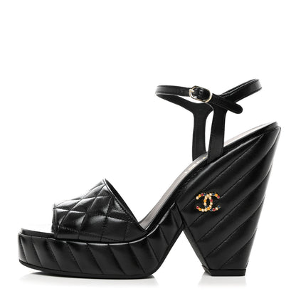 Chanel Shiny Lambskin Quilted Platform Sandals 39.5 Black 1 of 9