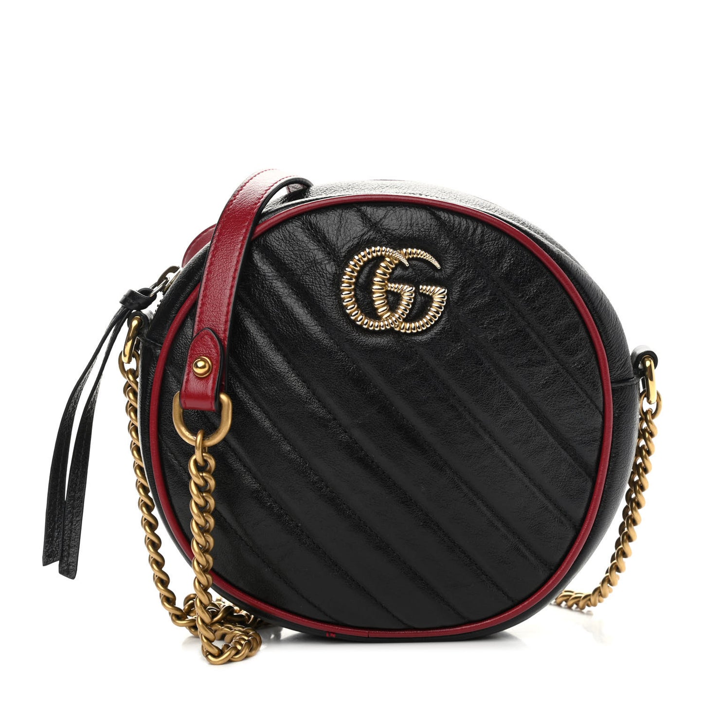 Vintage Effect Calfskin Matelasse Diagonal Mini Torchon GG Marmont Round Shoulder Bag Black Romantic Cherry