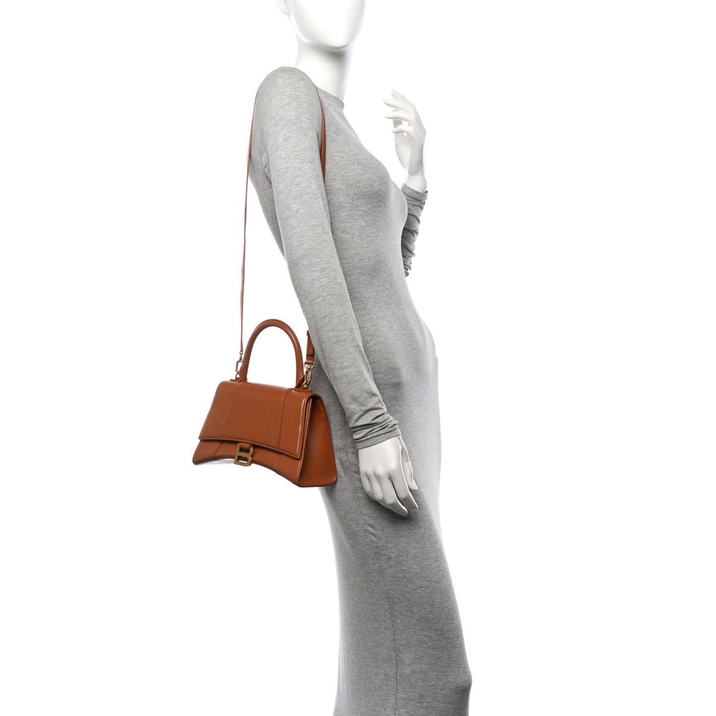 Shiny Box Calfskin Small Hourglass Top Handle Bag Camel