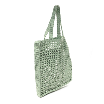 Prada Yarn Raffia Effect Crochet Logo Embroidered Tote Bag Acqua 3 of 9