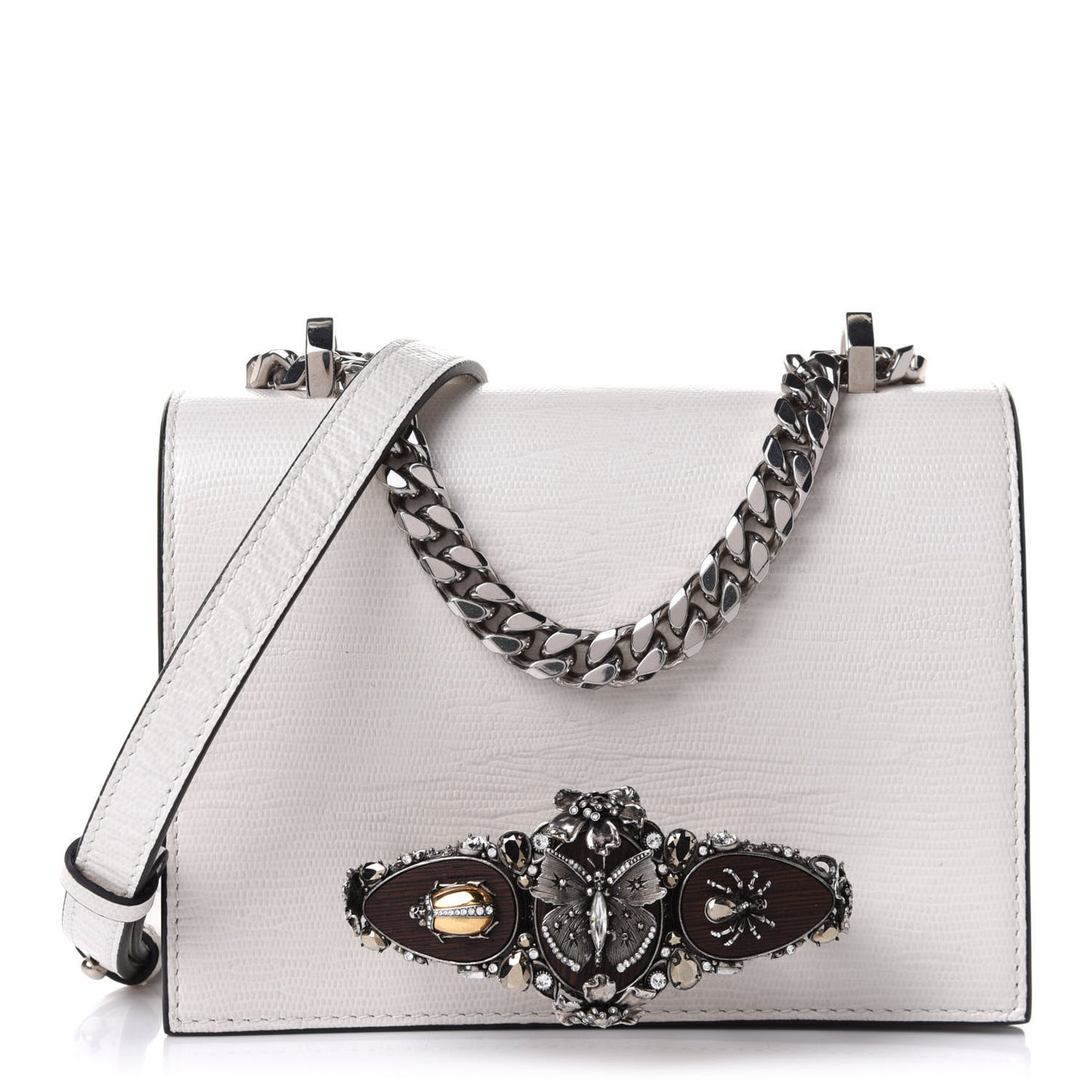 Lizard Embossed Calfskin Butterfly Knuckle Crossbody White