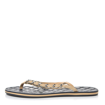Chanel Suede Calfskin Quilted Chain Thong Sandals 38 Beige 1 of 7
