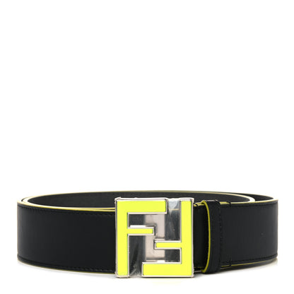 Fendi Vitello Century Elite Enamel FF Buckle Belt 95 38 Black Giallo Fluo 1 of 8