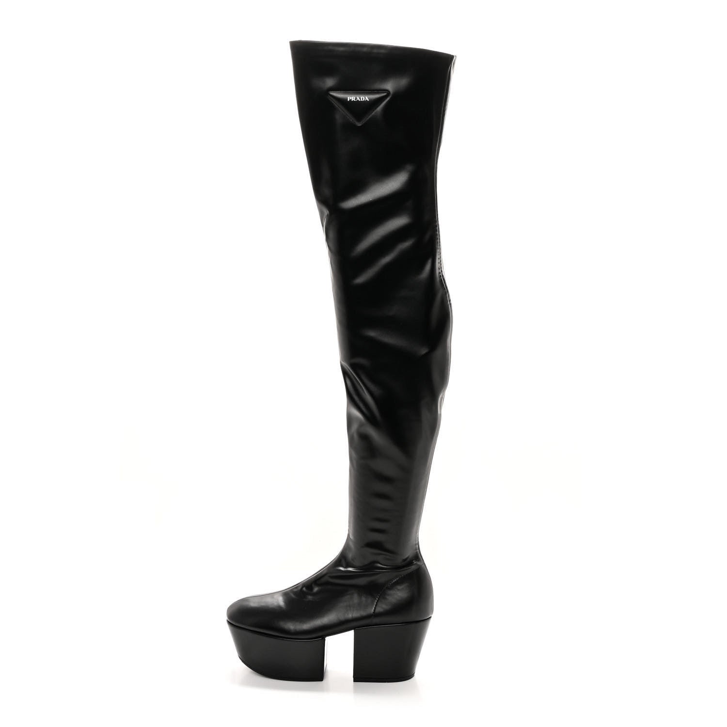 Prada Nappa Tech Logo Over the Knee 70mm Platform Boots 36 Black 1 of 11