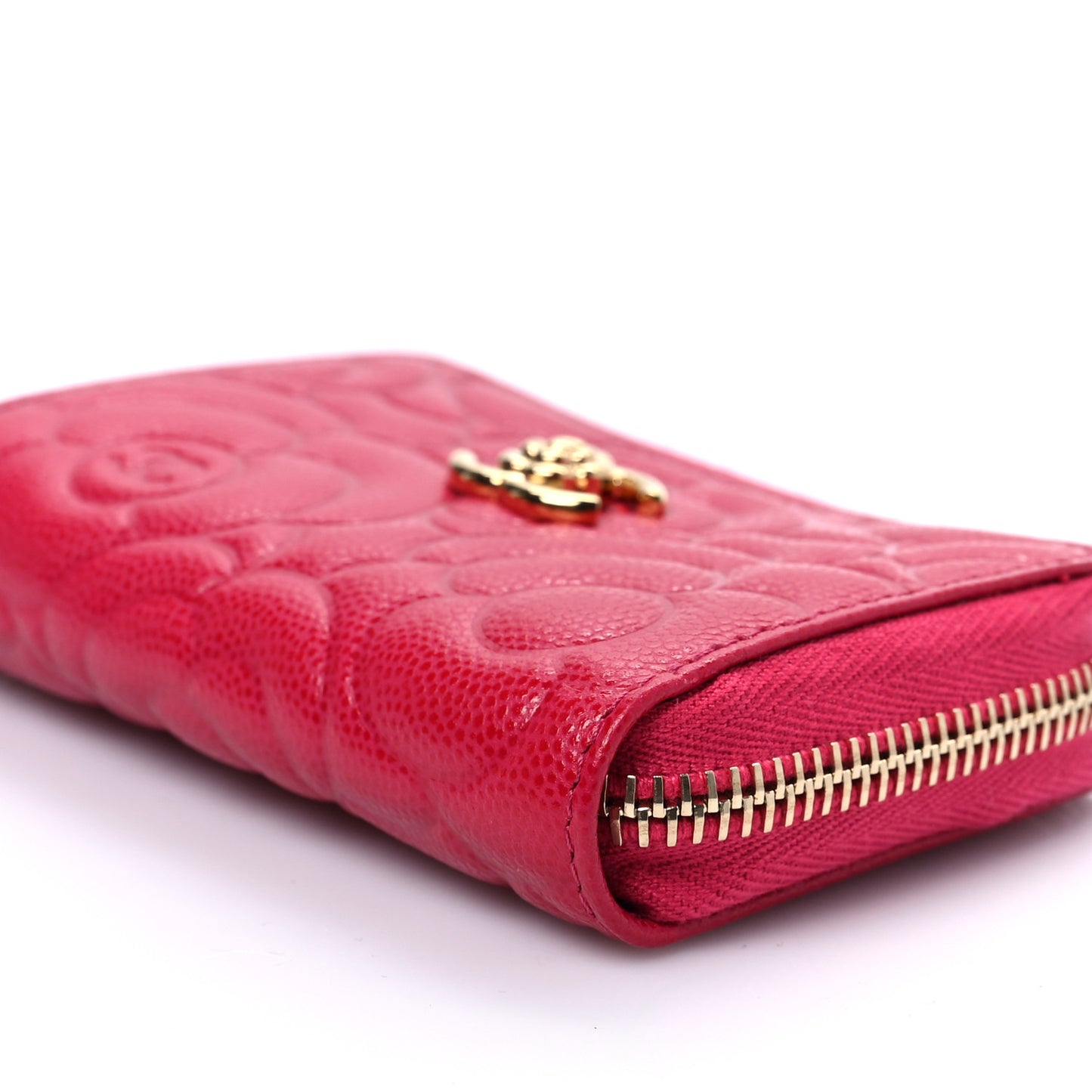 Caviar Camellia Embossed Zip Coin Purse Dark Pink