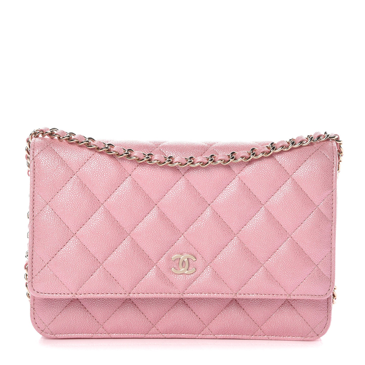 Iridescent Caviar Quilted Wallet on Chain WOC Rose Pink