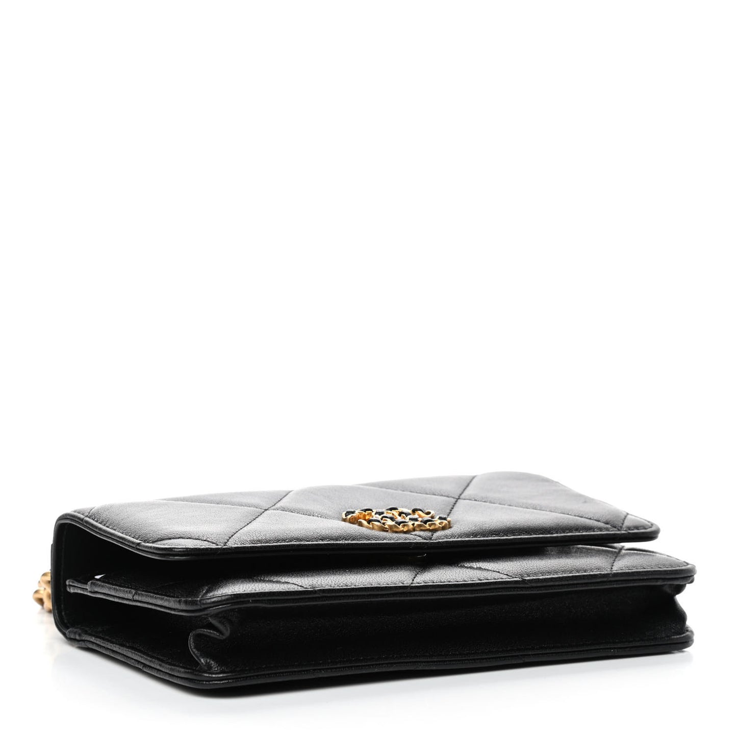 Shiny Goatskin Quilted Chanel 19 Wallet On Chain WOC Black