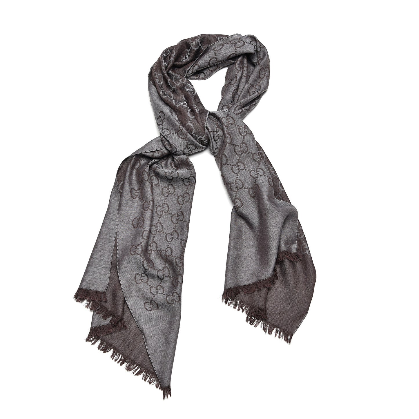 Wool Silk Monogram Fringe Scarf Grey