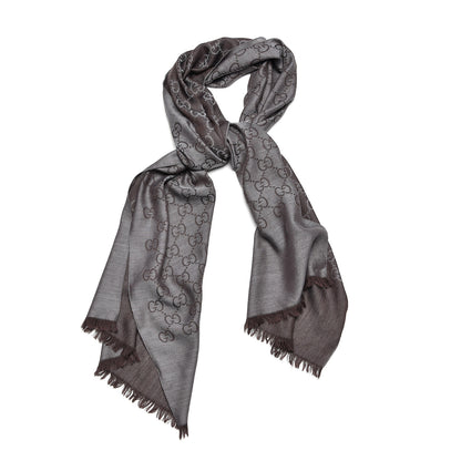 Gucci Wool Silk Monogram Fringe Scarf Grey 1 of 5