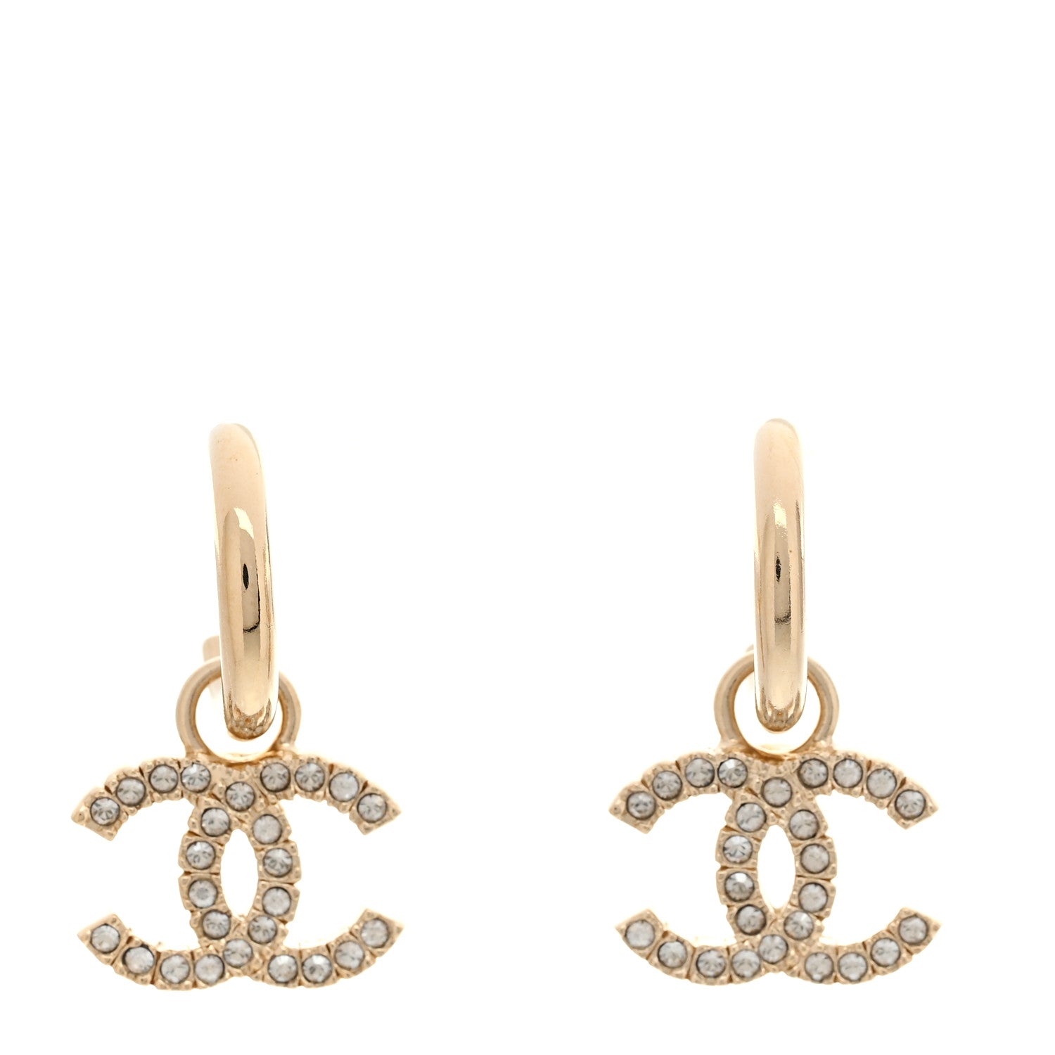 Chanel Metal Crystal CC Hoop Drop Earrings Gold 1 of 5