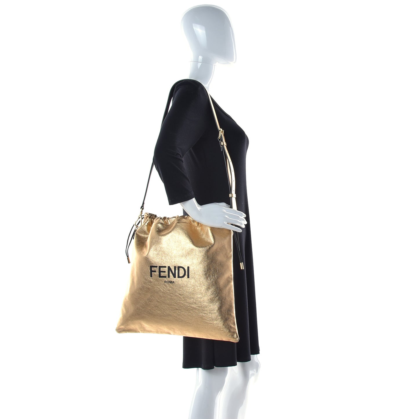 Laminated Calfskin Medium Drawstring Pouch Bag Oro Black