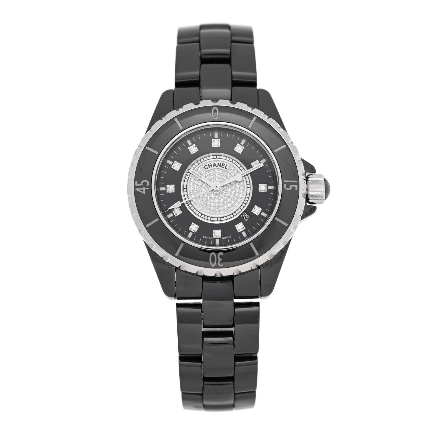 Chanel Stainless Steel Ceramic Diamond Dial 33mm J12 Quartz Watch