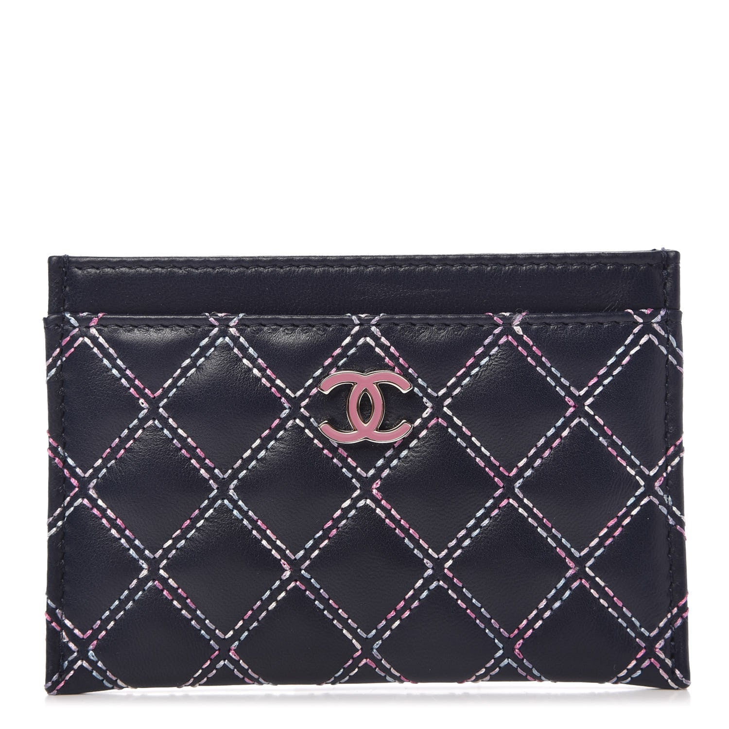 Chanel Lambskin Double Stitch Quilted Card Holder Navy Pink 1 of 10