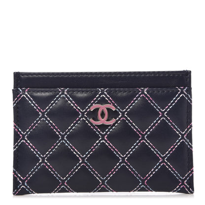 Chanel Lambskin Double Stitch Quilted Card Holder Navy Pink 1 of 10