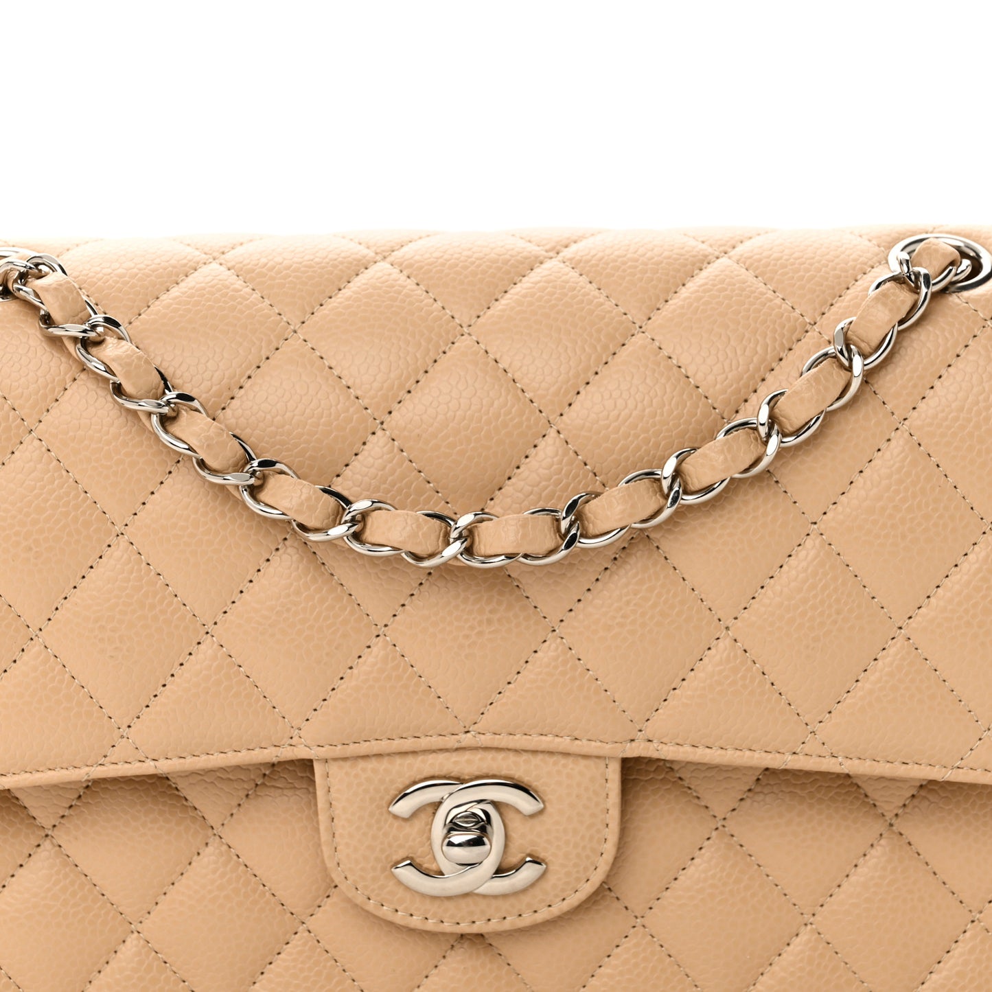 Caviar Quilted Medium Double Flap Beige