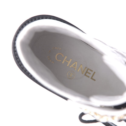 Chanel Shiny Goatskin Calfskin Quilted Lace Up Combat Boots 37.5 White Black 7 of 10