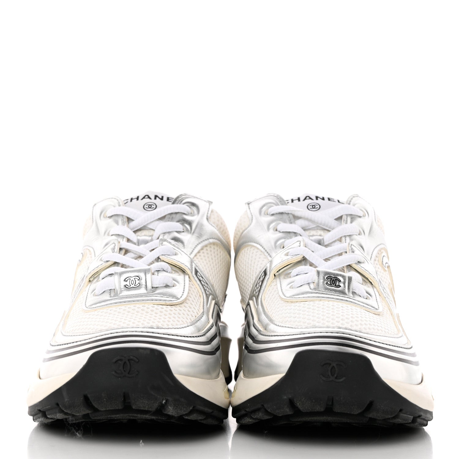 Chanel Fabric Laminated Calfskin Stretch CC Sneakers 37 White Silver 2 of 19