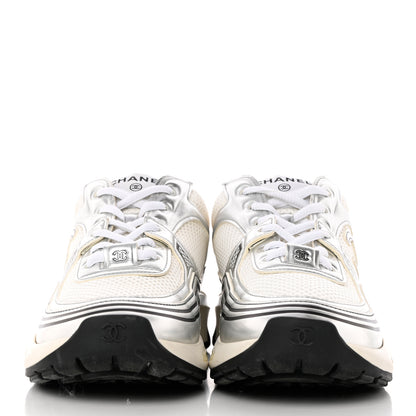 Chanel Fabric Laminated Calfskin Stretch CC Sneakers 37 White Silver 2 of 19