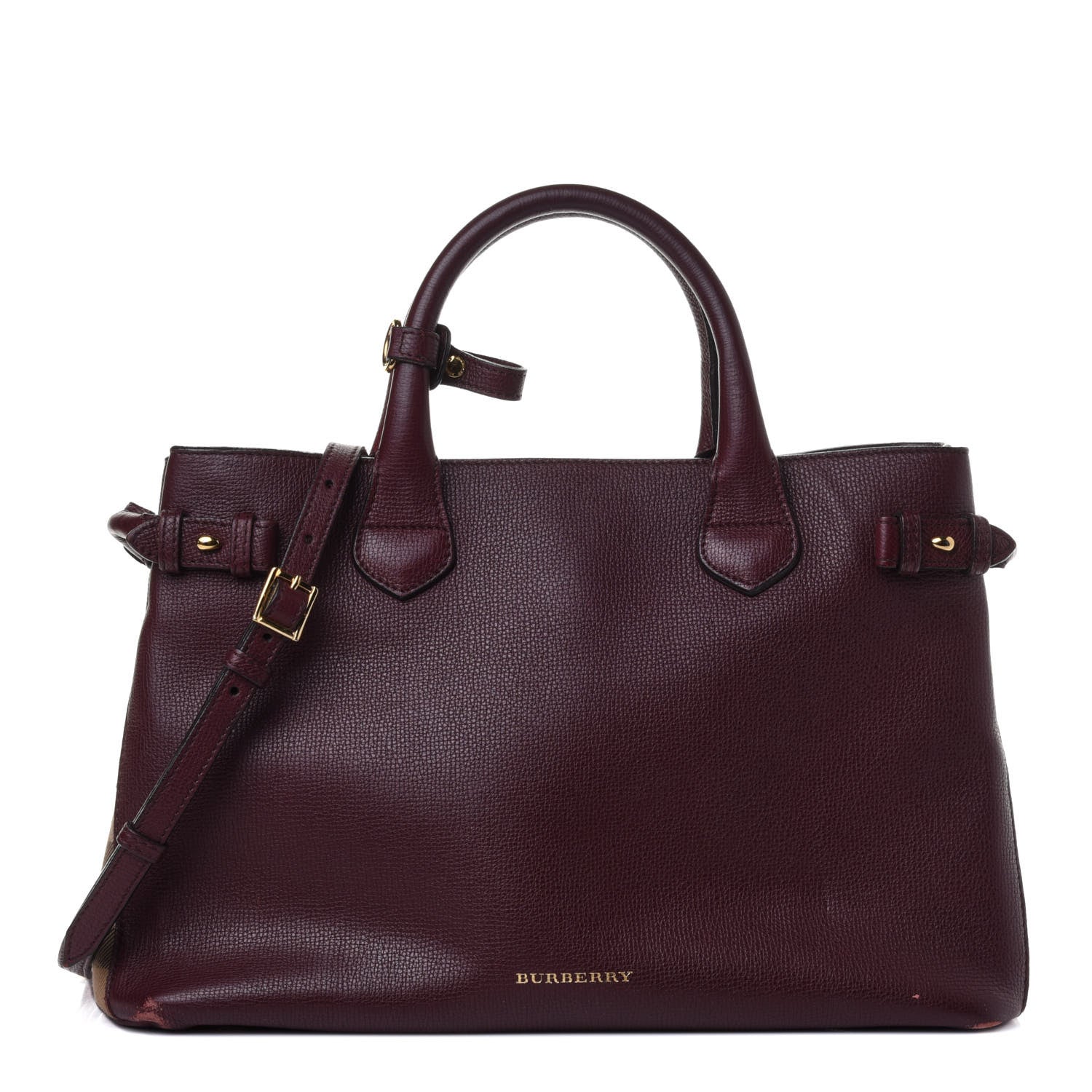 Burberry Grainy Calfskin House Check Medium Banner Tote Mahogany Red 1 of 5