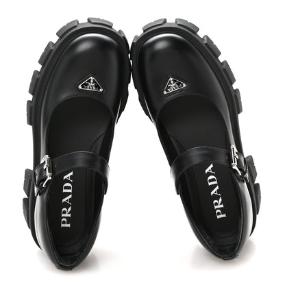 Prada Spazzolato Rois Metal Triangle Logo Monolith 55mm Mary Janes 35.5 Black 2 of 8