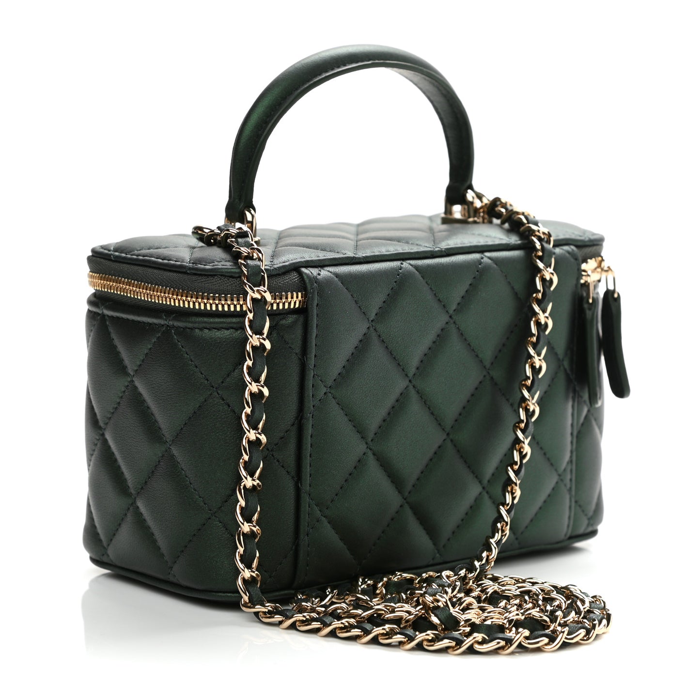 Iridescent Lambskin Quilted Small Top Handle Vanity Case With Chain Green