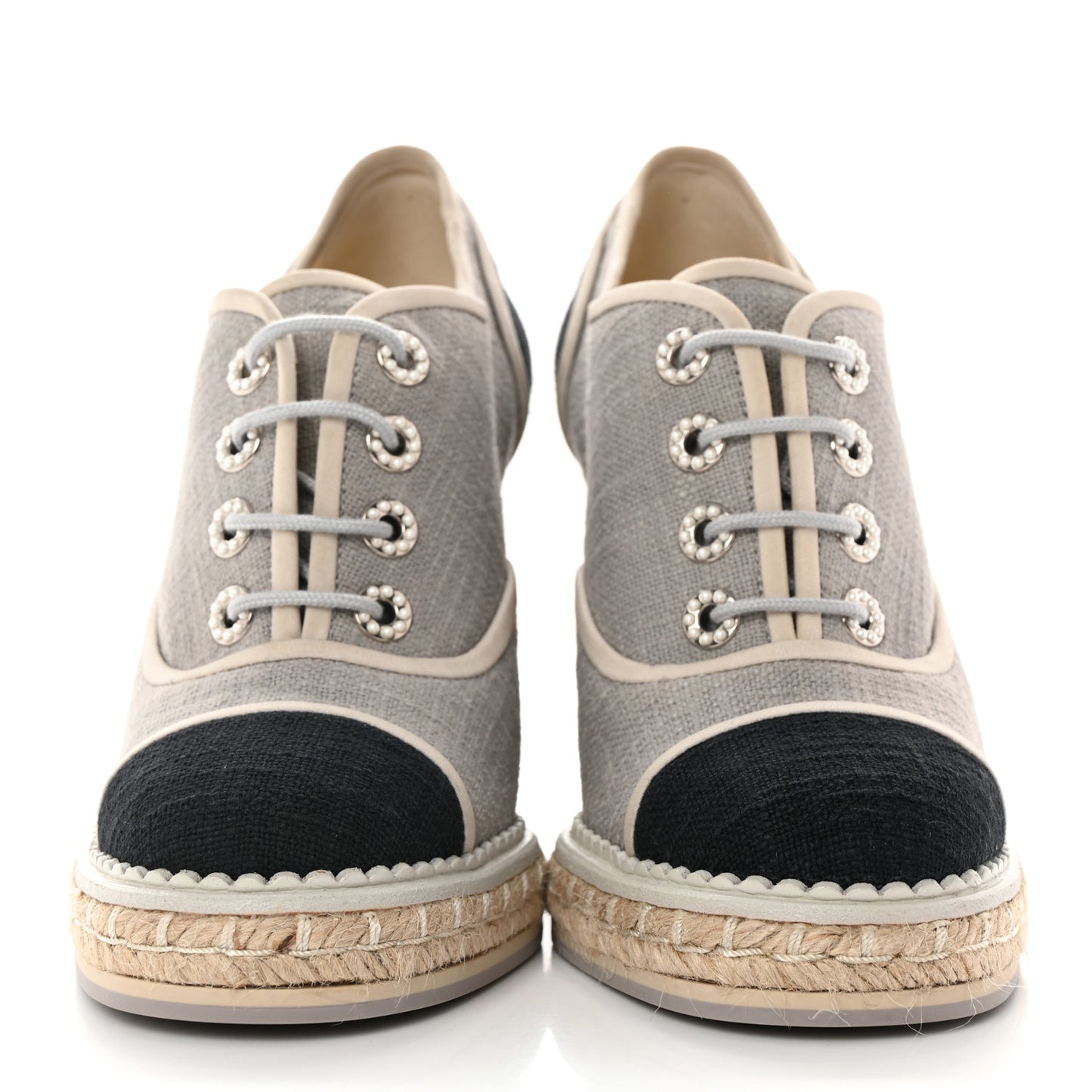Cotton Lace Up Wedge Espadrilles 38.5 Grey Navy Blue