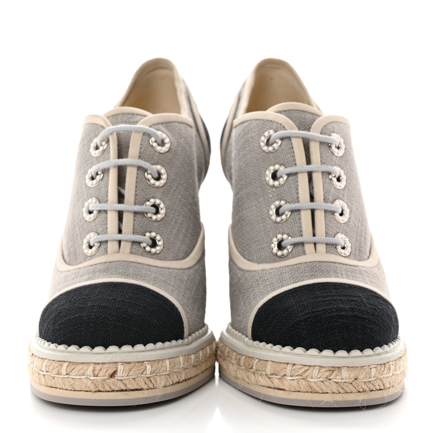 Chanel Cotton Lace Up Wedge Espadrilles 38.5 Grey Navy Blue 2 of 9