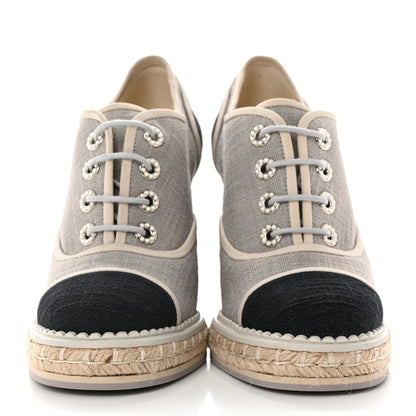 Chanel Cotton Lace Up Wedge Espadrilles 38.5 Grey Navy Blue 2 of 9