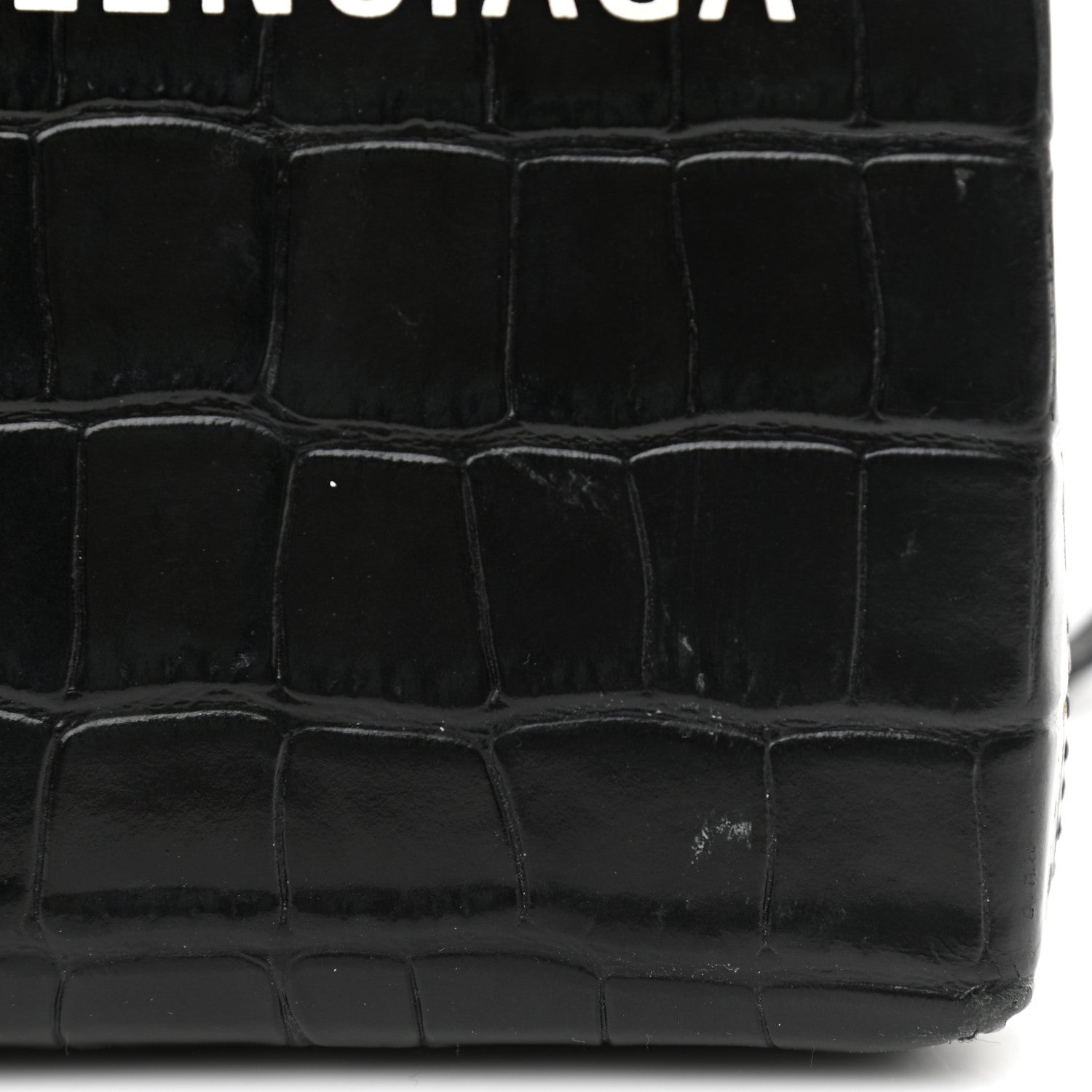 Balenciaga Calfskin Crocodile Embossed Logo Shopping Phone Holder Bag Black 10 of 11