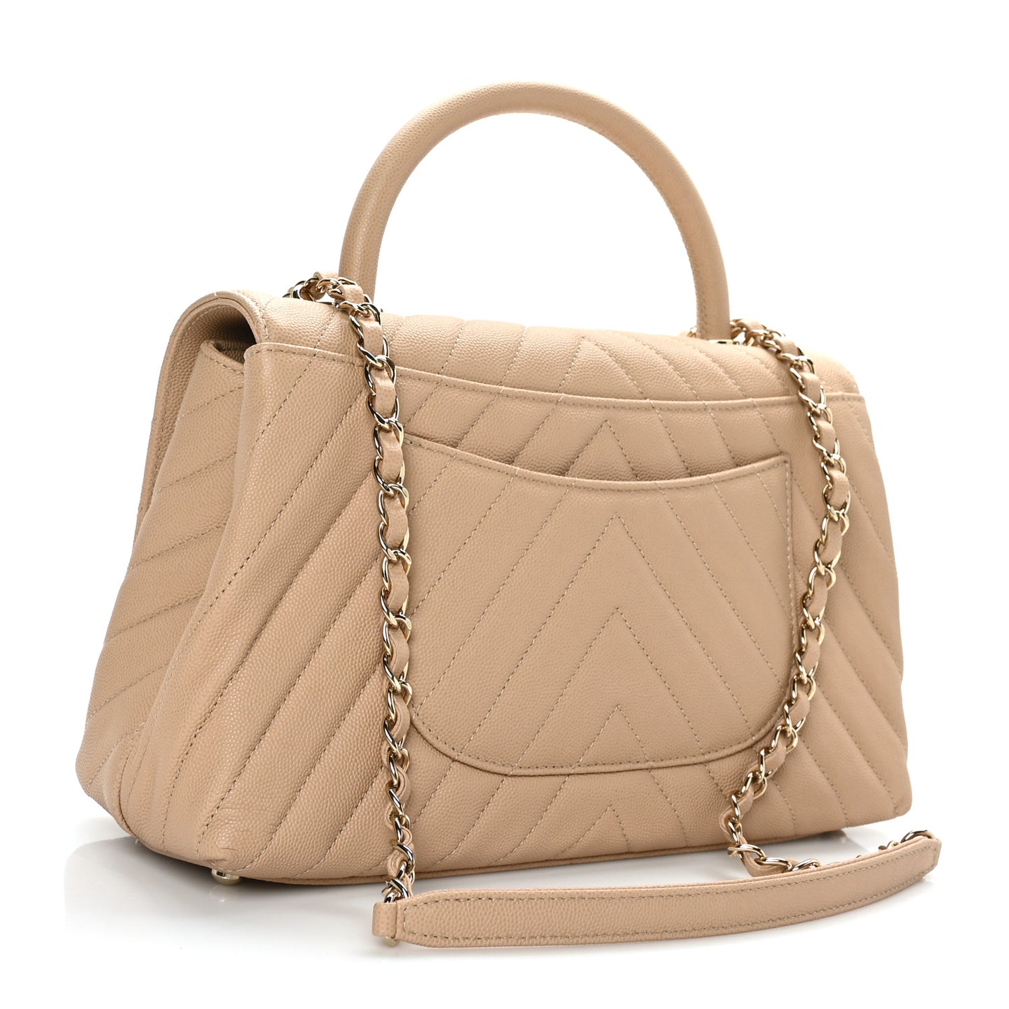 Caviar Chevron Quilted Small Coco Handle Flap Beige