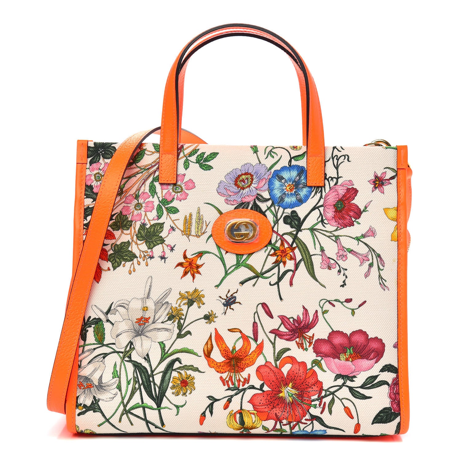 Gucci Canvas Medium Flora Tote White Multicolor Orange Fluo 1 of 9