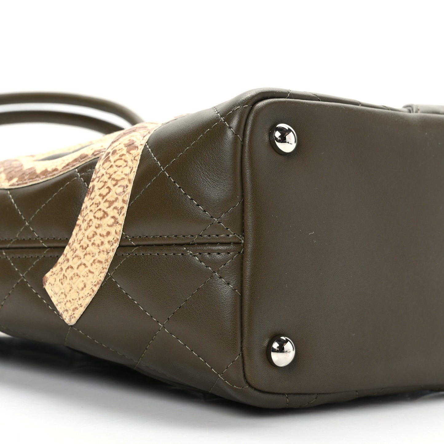 Calfskin Snakeskin Quilted Small Cambon Tote Khaki