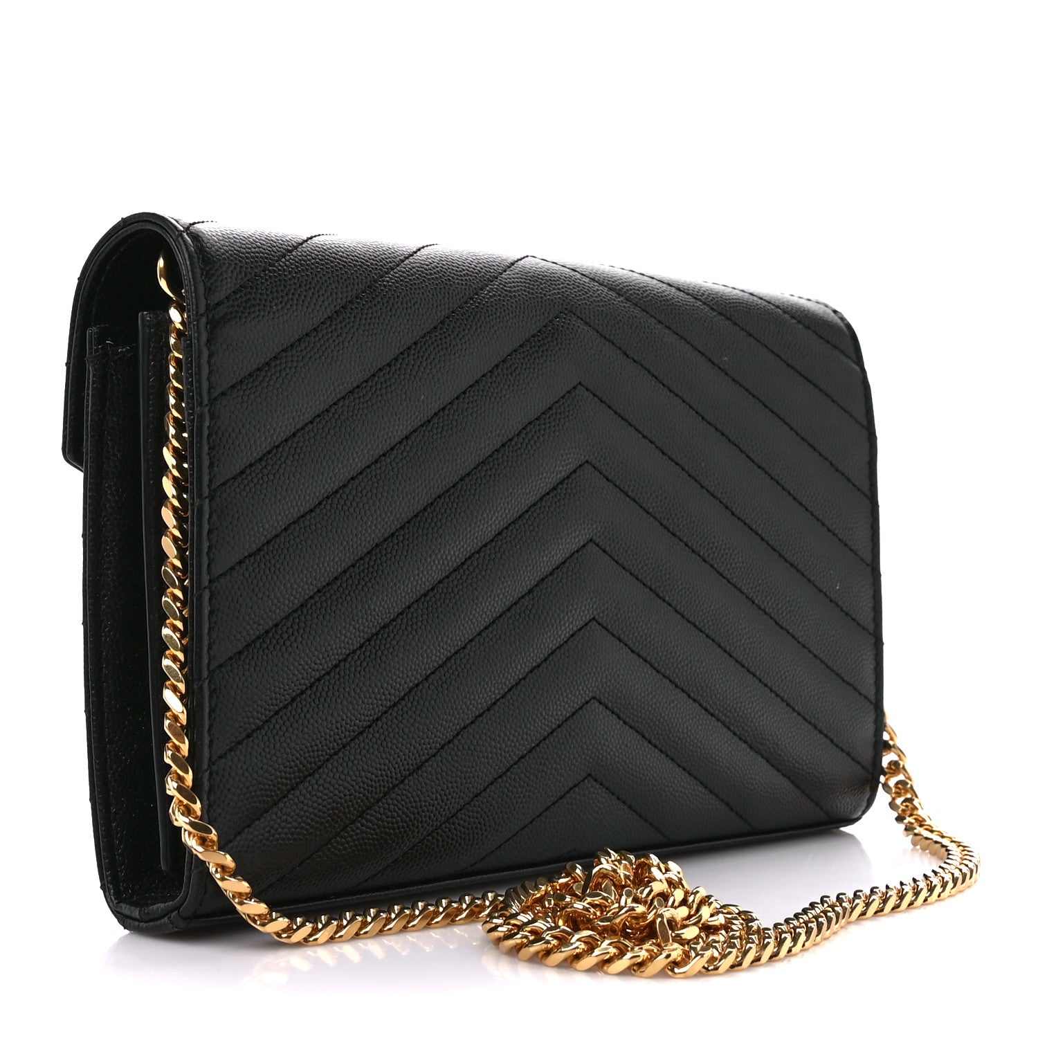 Saint Laurent Grain De Poudre Matelasse Chevron Monogram Chain Wallet Black 3 of 11