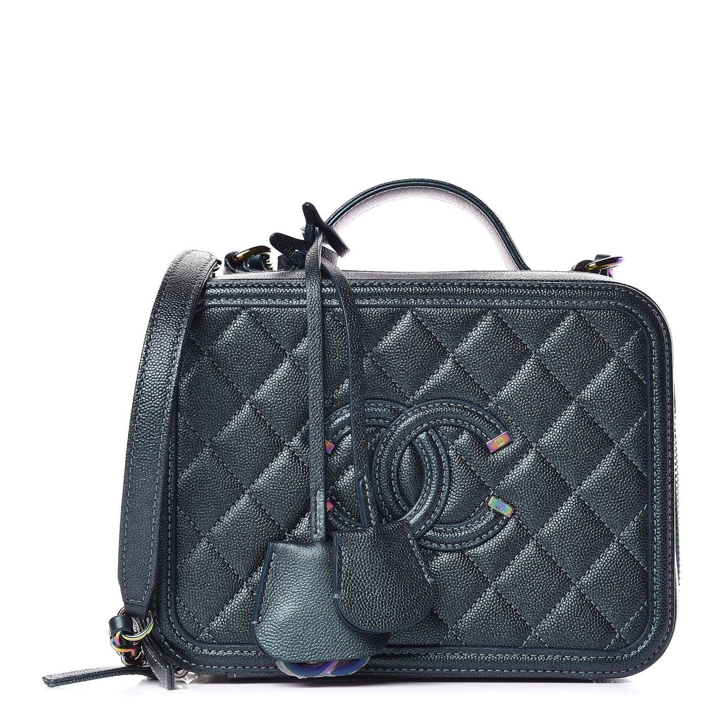 Iridescent Caviar Quilted Medium CC Filigree Vanity Case Dark Turquoise