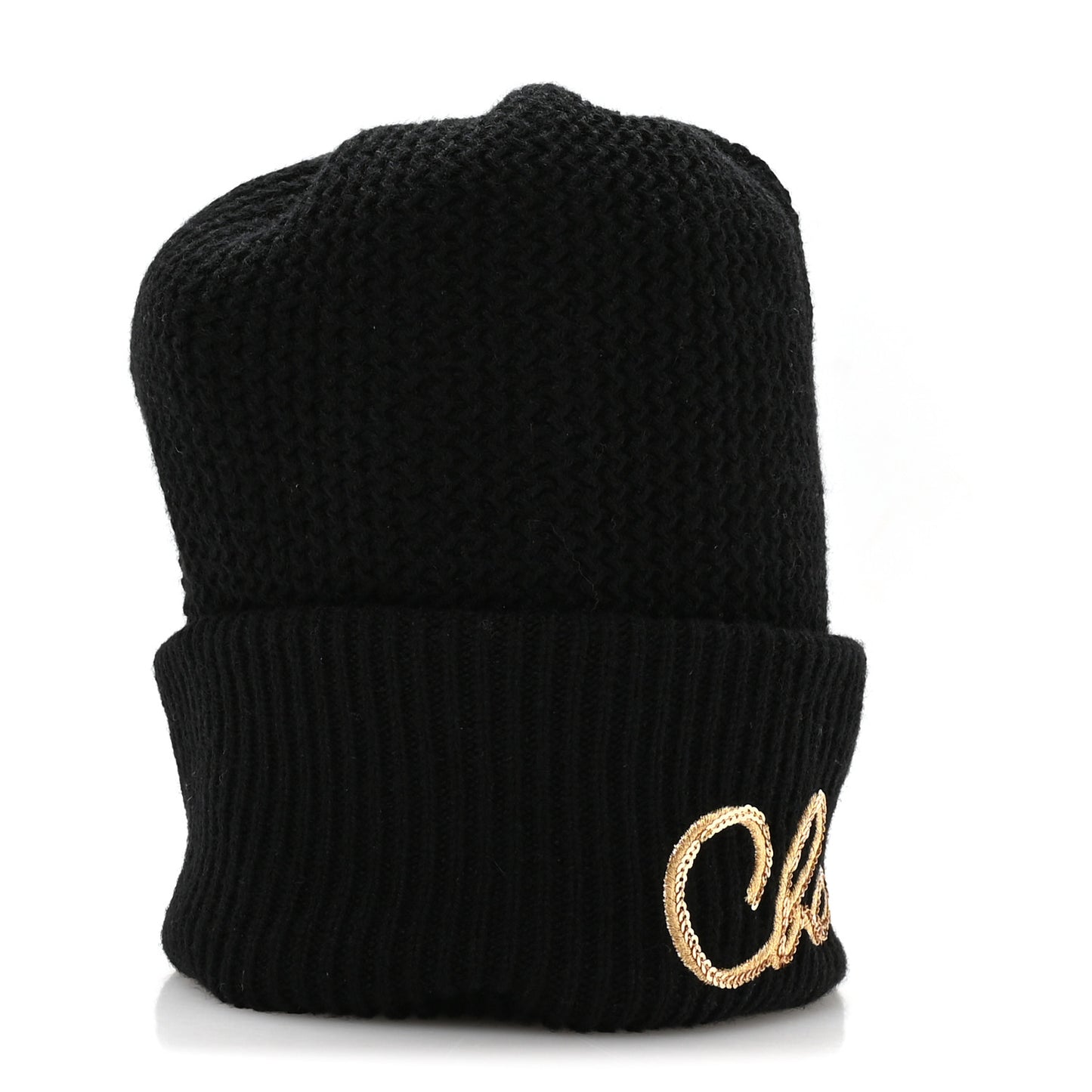 Cashmere Sequin Logo Beanie Hat Black Gold