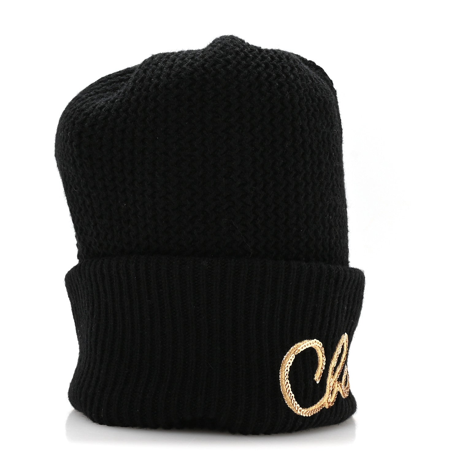 Chanel Cashmere Sequin Logo Beanie Hat Black Gold 4 of 9